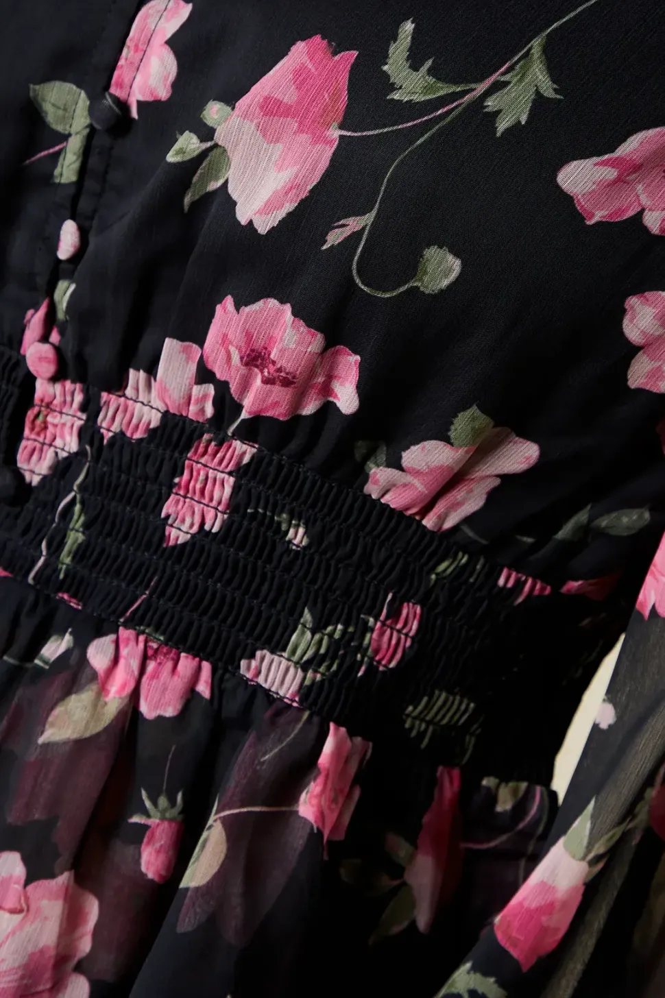 Large Pink Floral Button Front Double Ruffle Chiffon Blouse
