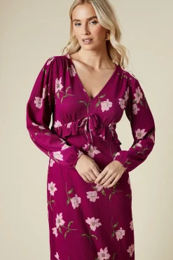 Large Pink Floral Tie front ruffle bust long sleeve midi dress