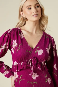 Large Pink Floral Tie front ruffle bust long sleeve midi dress