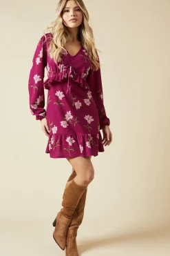Large Pink Floral Tie Front Ruffle Bust Long Sleeve Mini Dress