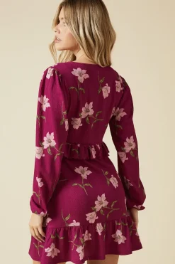 Large Pink Floral Tie Front Ruffle Bust Long Sleeve Mini Dress