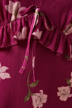 Large Pink Floral Tie Front Ruffle Bust Long Sleeve Mini Dress