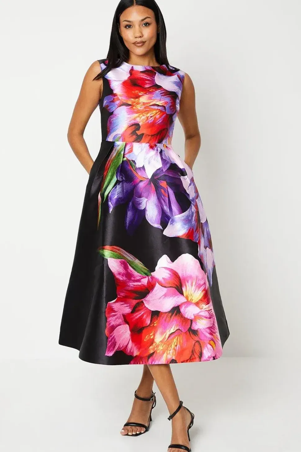 Large Scale Floral Print Satin Twill Midi Dress