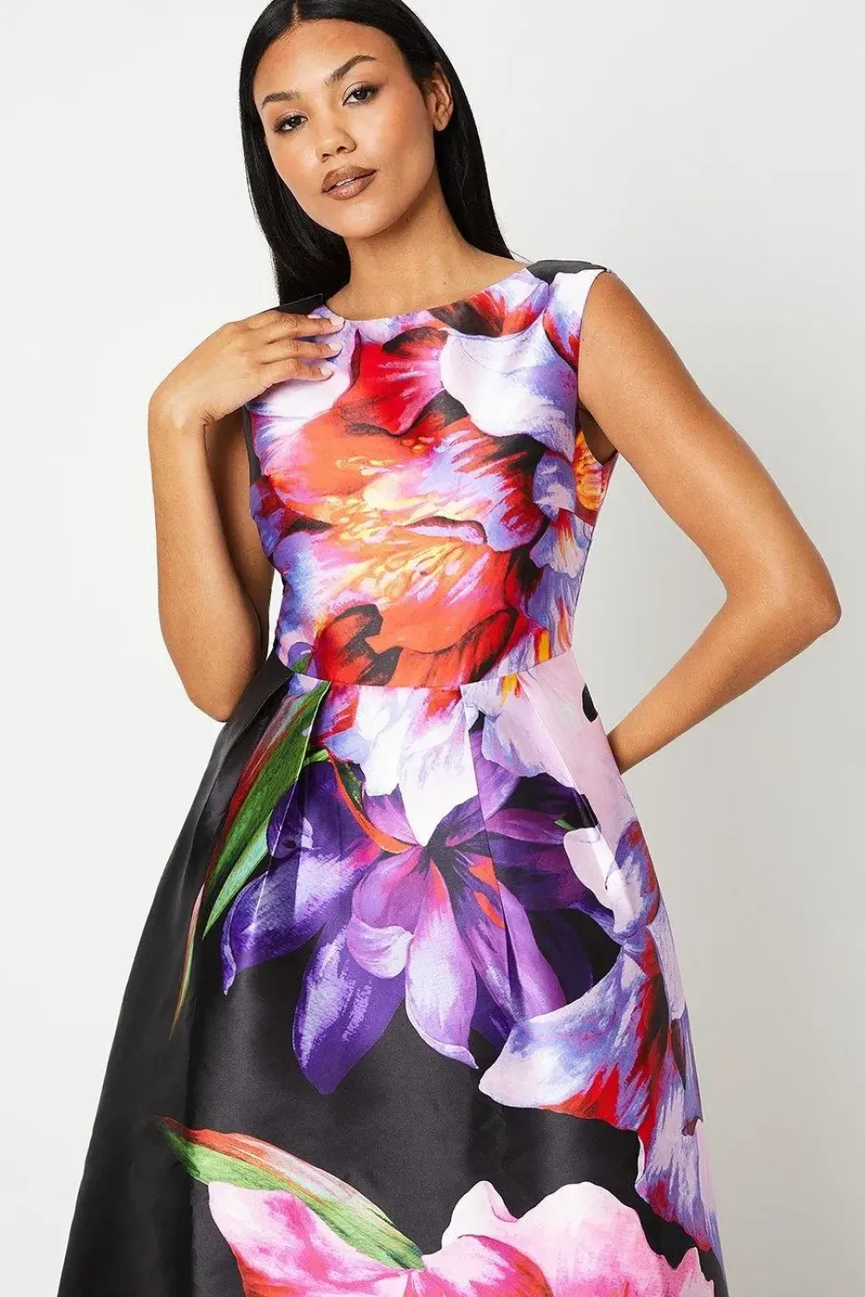Large Scale Floral Print Satin Twill Midi Dress