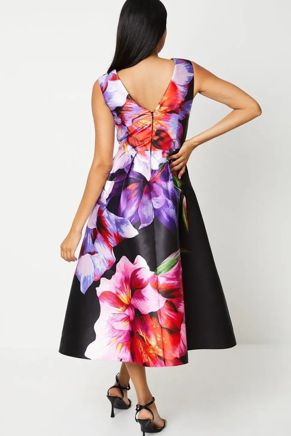 Large Scale Floral Print Satin Twill Midi Dress