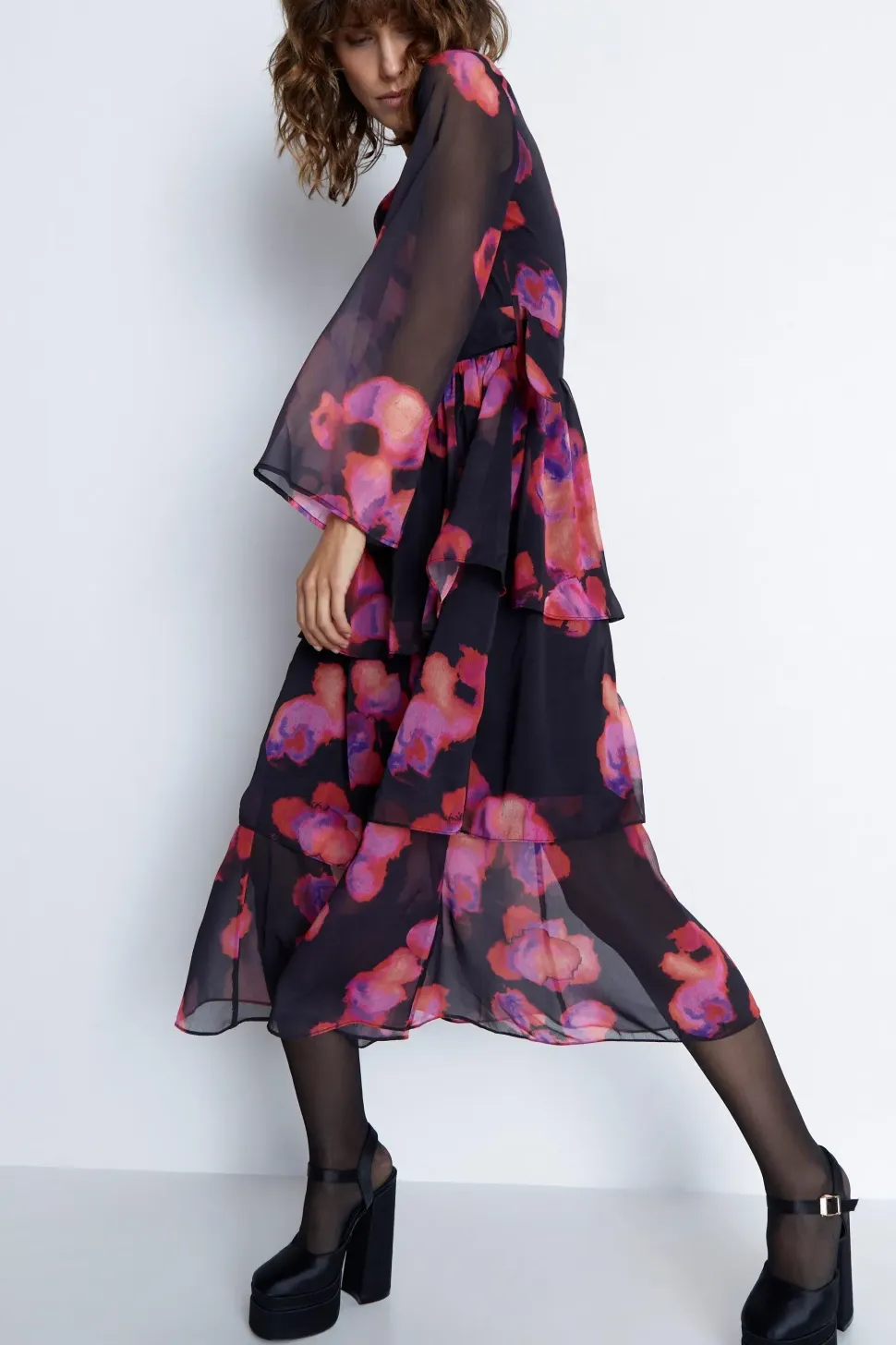 Layered Chiffon Belted Midi Dress