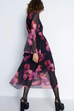 Layered Chiffon Belted Midi Dress