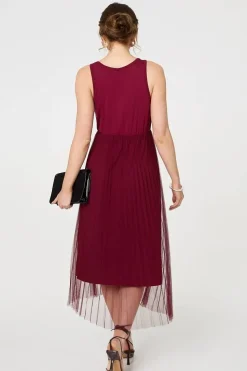 Layered Knit Top Mesh Pleated Midi Dress