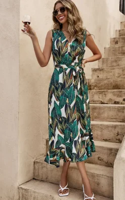 Leaf Print Asymmetric Hem Frill Detail Midi Dress In Green