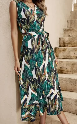 Leaf Print Asymmetric Hem Frill Detail Midi Dress In Green