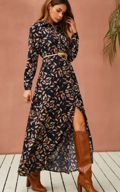 Leaf Print Black Shirt Dress With Tie Waist and Free Gold Stretch Leaf Belt