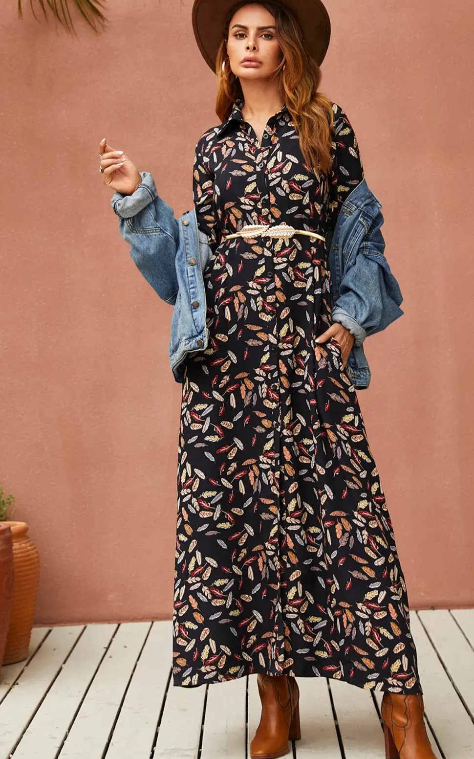 Leaf Print Black Shirt Dress With Tie Waist and Free Gold Stretch Leaf Belt