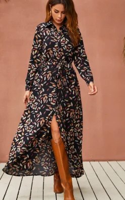 Leaf Print Black Shirt Dress With Tie Waist and Free Gold Stretch Leaf Belt