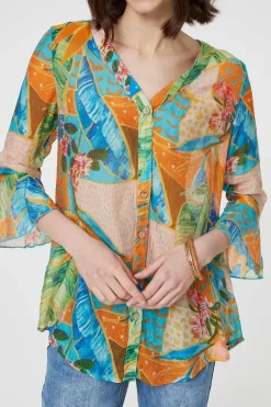 Leaf Print Button Front Blouse