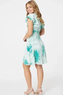 Leaf Print Cap Sleeve Skater Dress