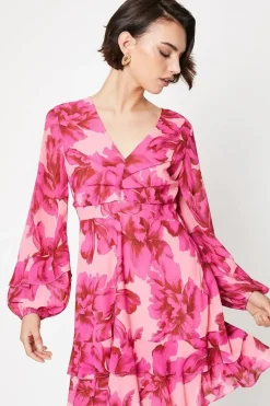 Leaf Print Corsage Tiered Mini Dress