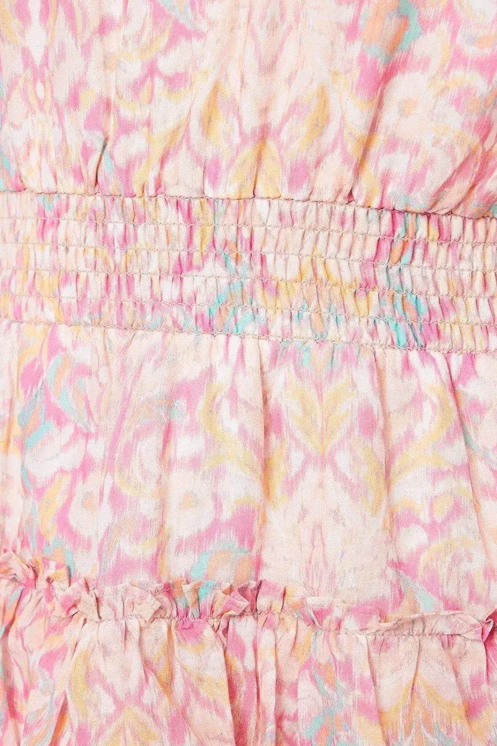 Leaf Printed Smocked Waist Sleeveless Ruffle Mini Dress