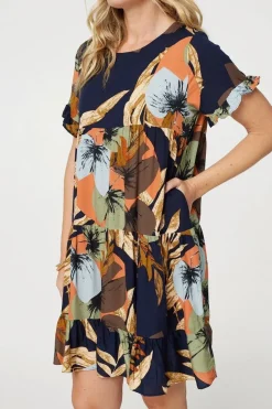 Leaf Print Frilled Knee Length Shift Dress
