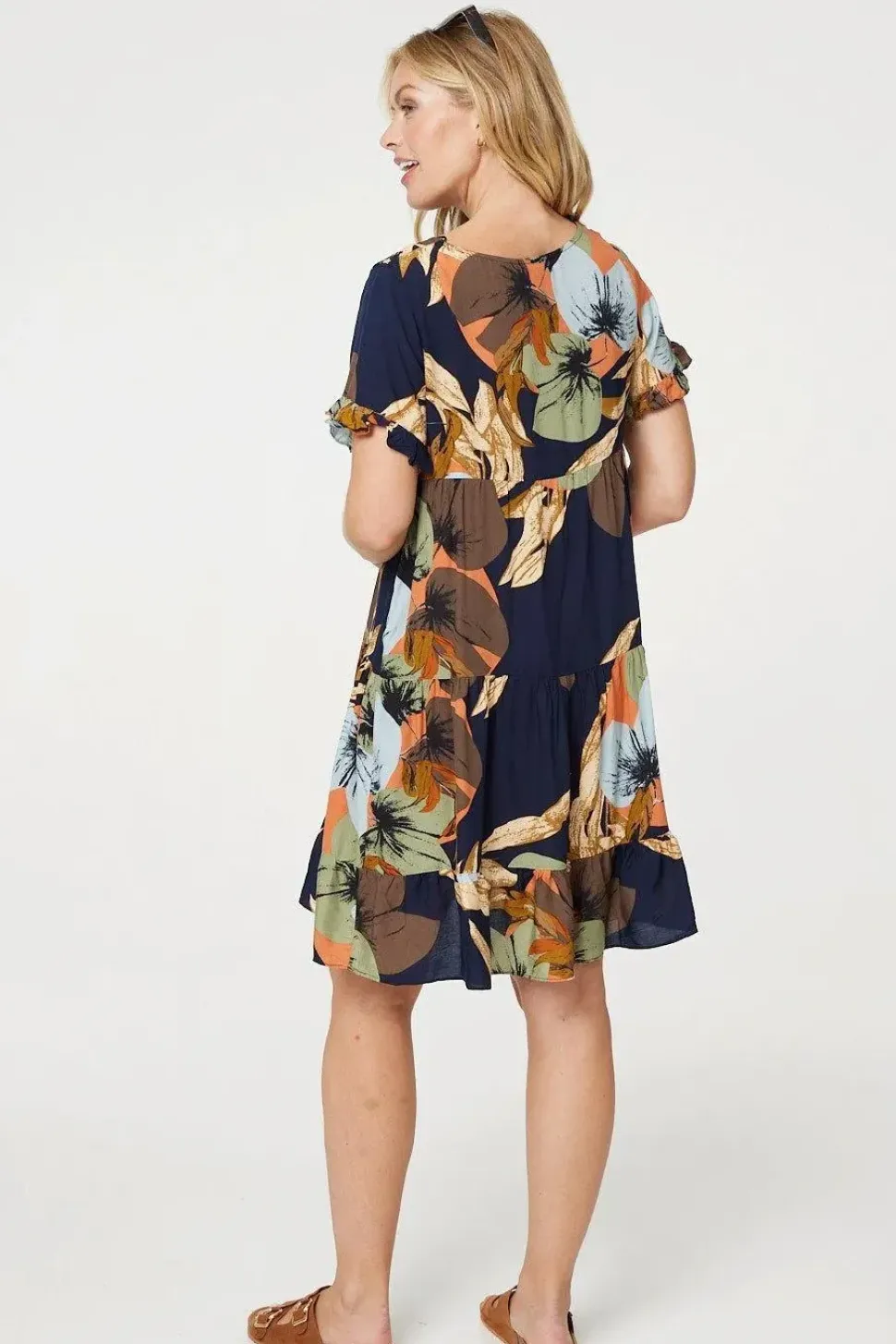 Leaf Print Frilled Knee Length Shift Dress