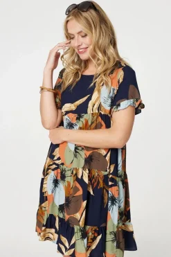 Leaf Print Frilled Knee Length Shift Dress