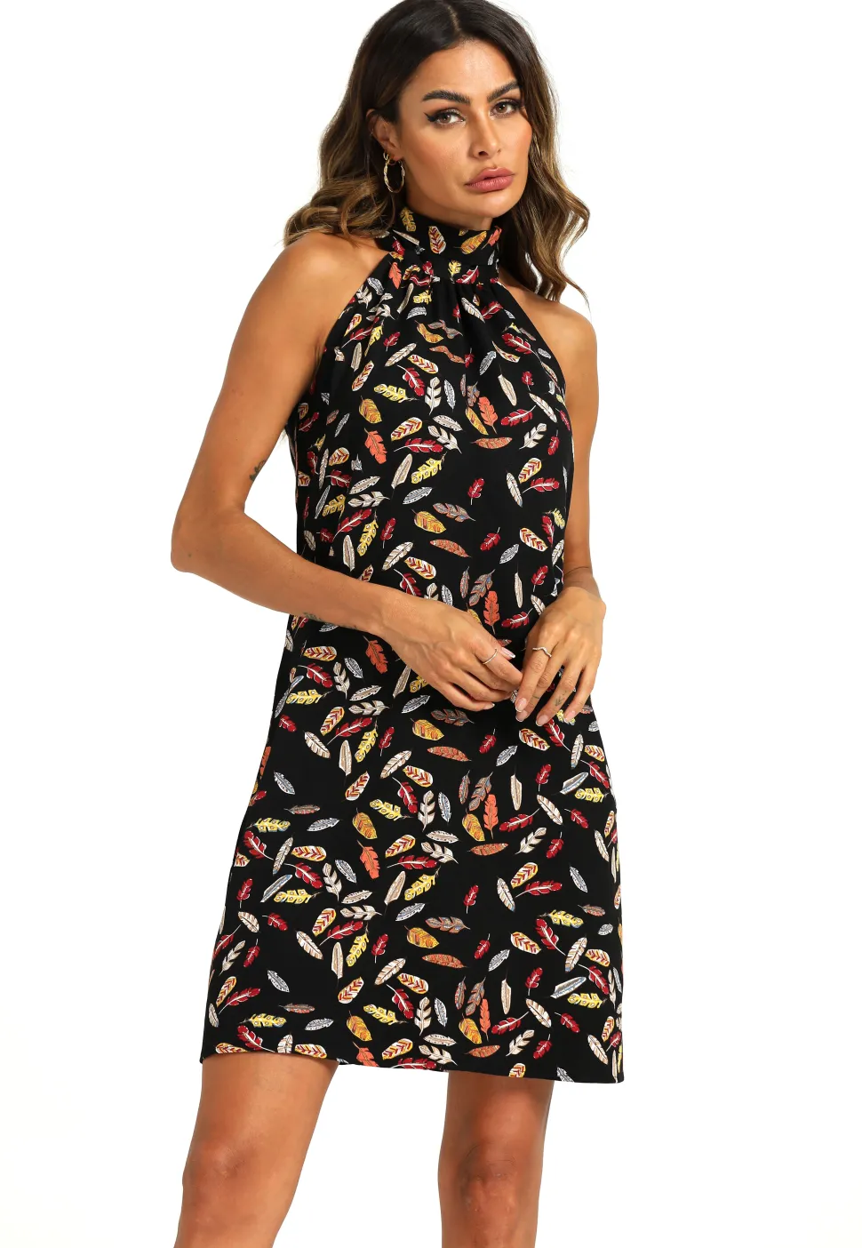 Leaf Print Halter Neck Tie Back Mini Dress In Black