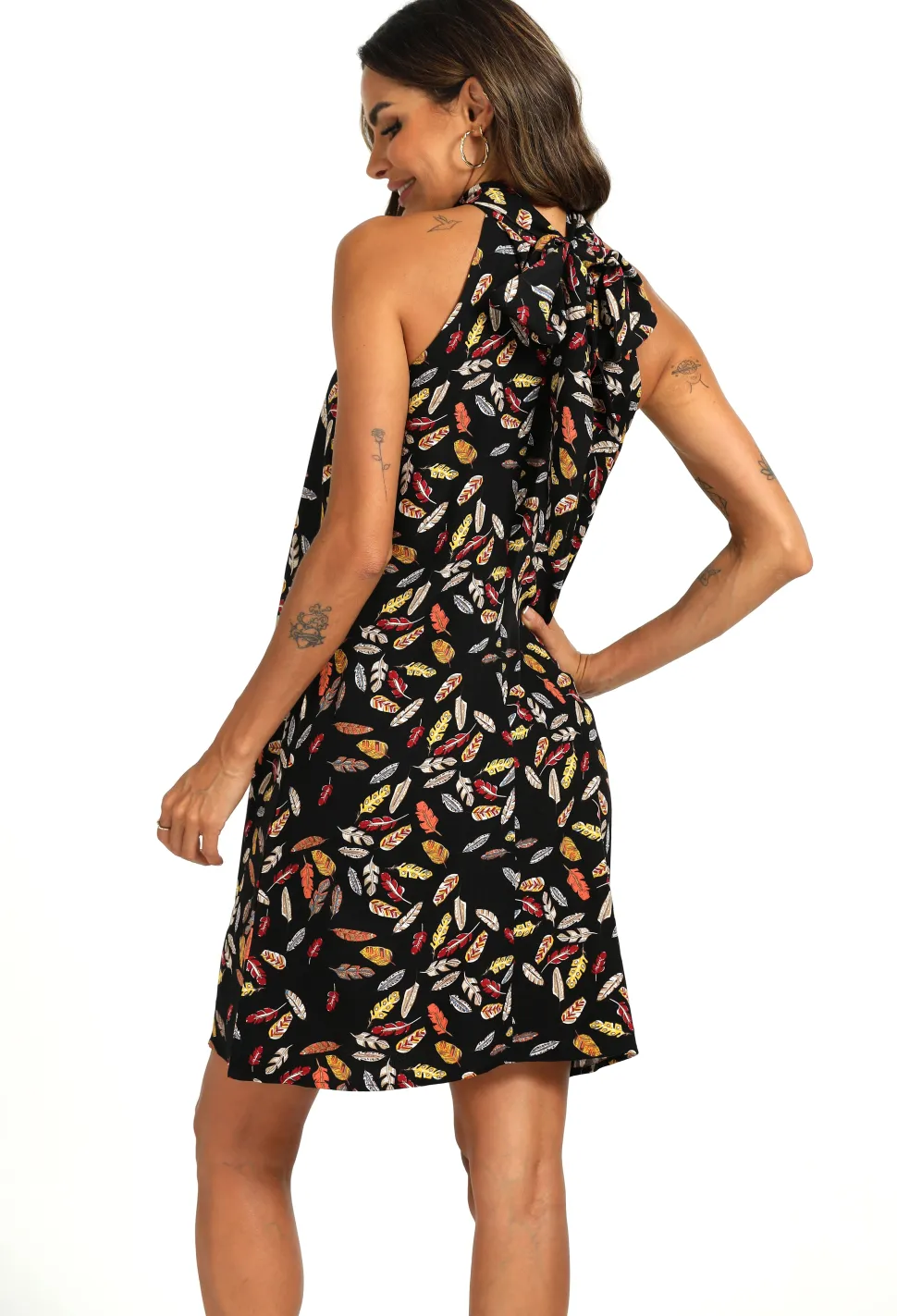 Leaf Print Halter Neck Tie Back Mini Dress In Black