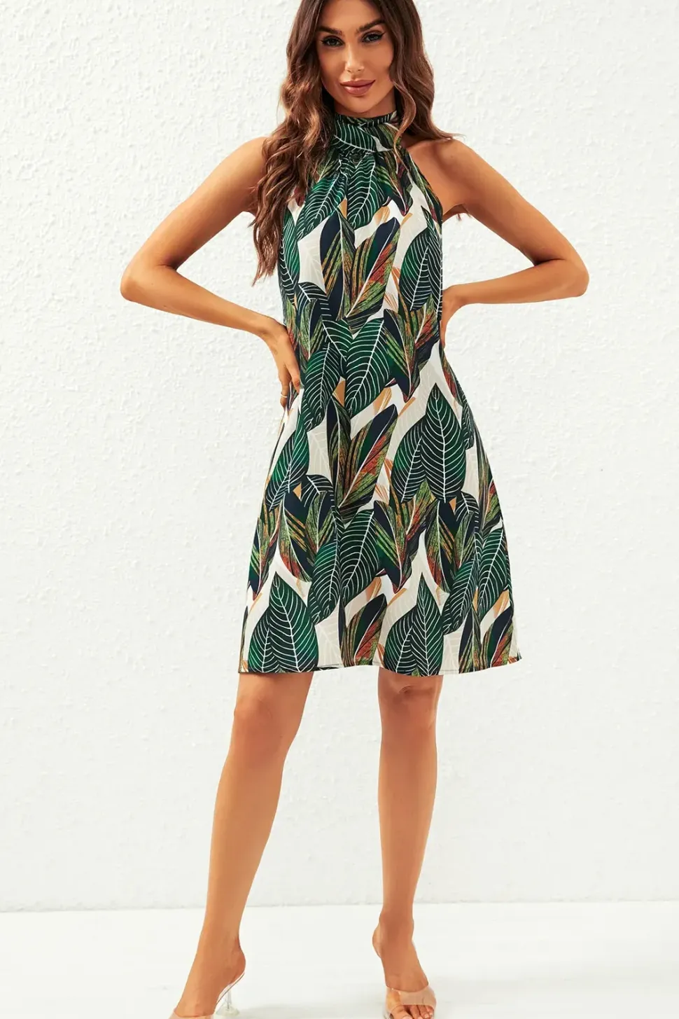 Leaf Print Halter Neck Tie Back Mini Dress In Green