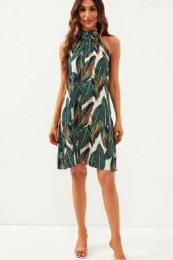Leaf Print Halter Neck Tie Back Mini Dress In Green