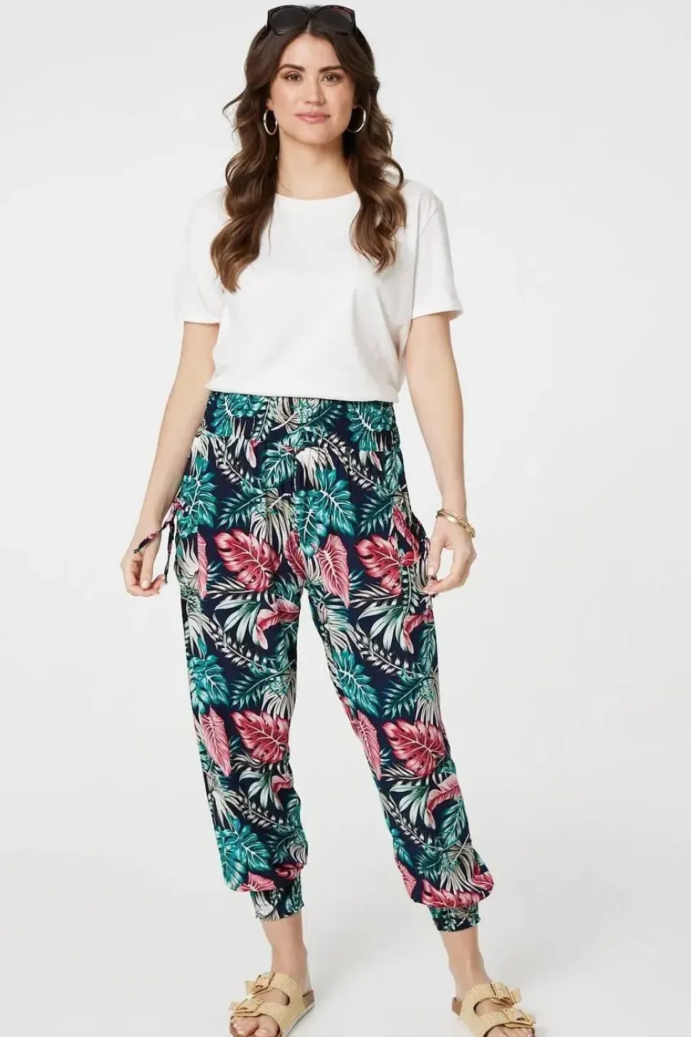 Leaf Print Harem Pants with Pockets