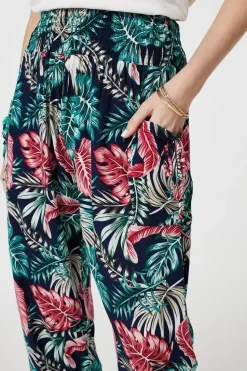 Leaf Print Harem Pants with Pockets