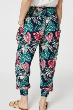 Leaf Print Harem Pants with Pockets