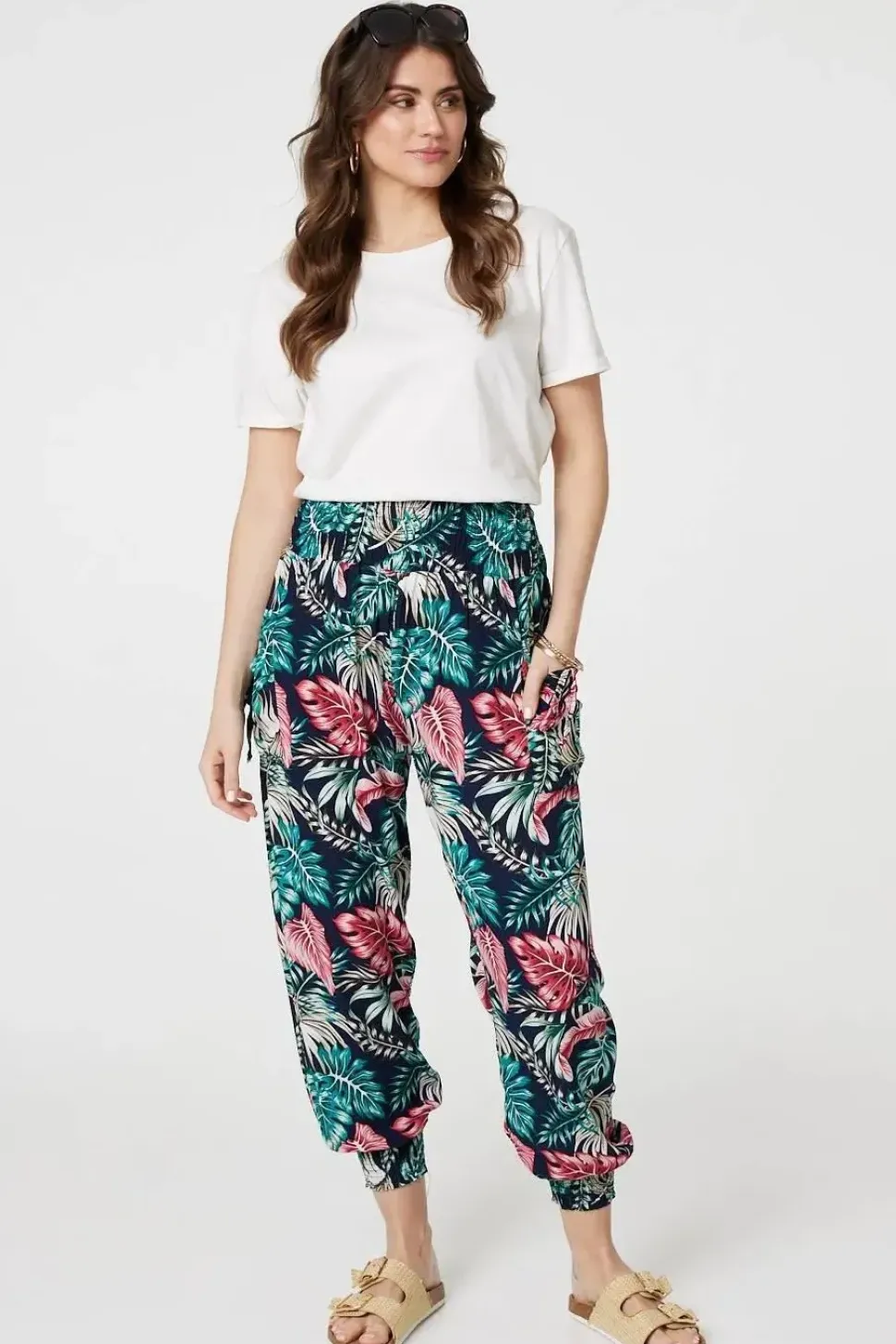Leaf Print Harem Pants with Pockets