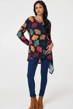 Leaf Print High Low Tunic Top
