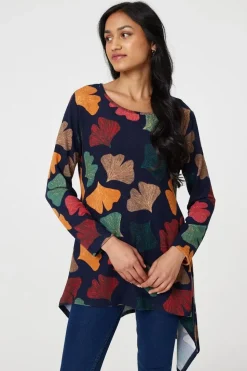 Leaf Print High Low Tunic Top