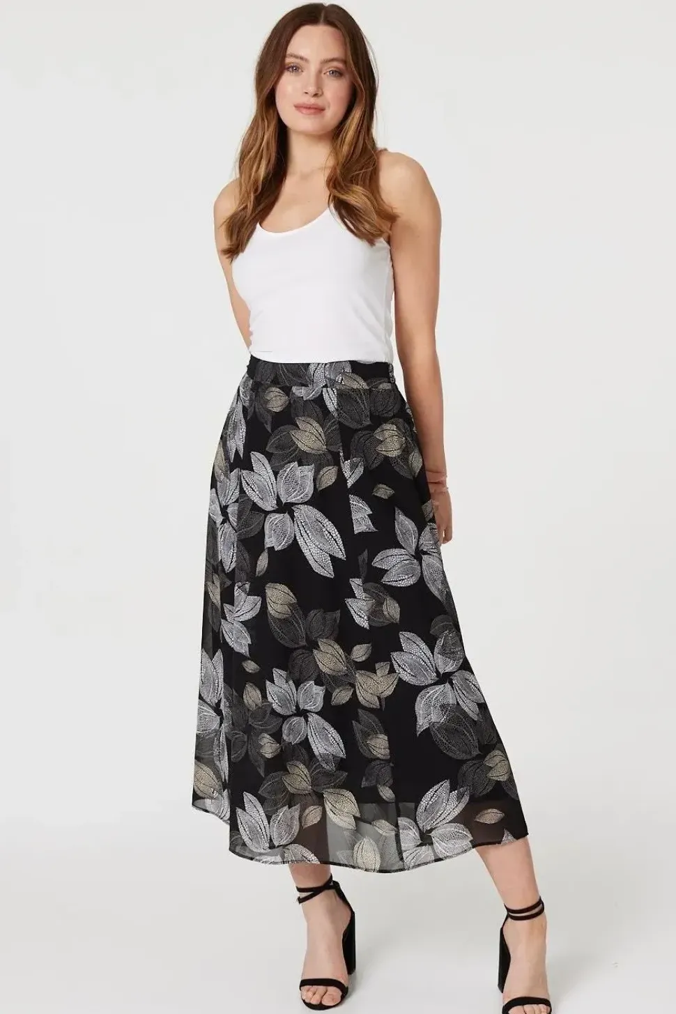Leaf Print High Waist Midi Skirt