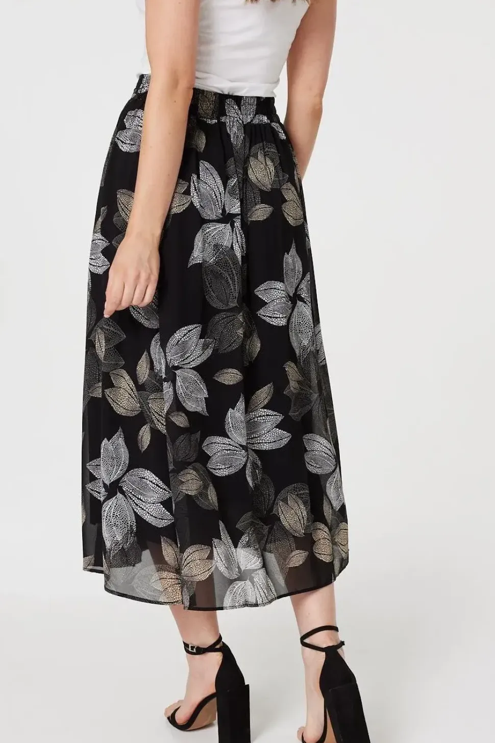 Leaf Print High Waist Midi Skirt