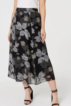 Leaf Print High Waist Midi Skirt