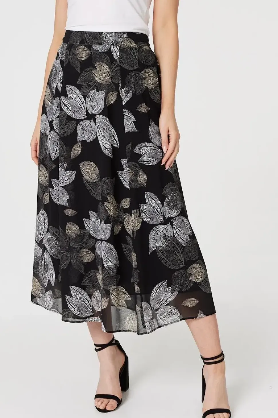Leaf Print High Waist Midi Skirt