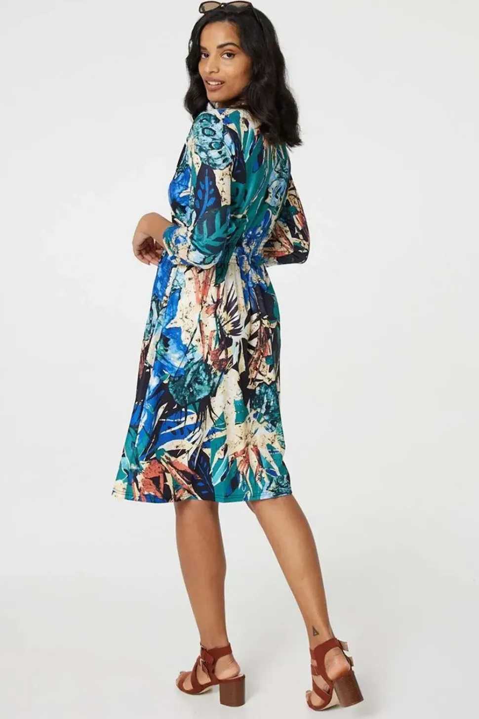Leaf Print Knee Length Wrap Dress
