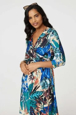 Leaf Print Knee Length Wrap Dress