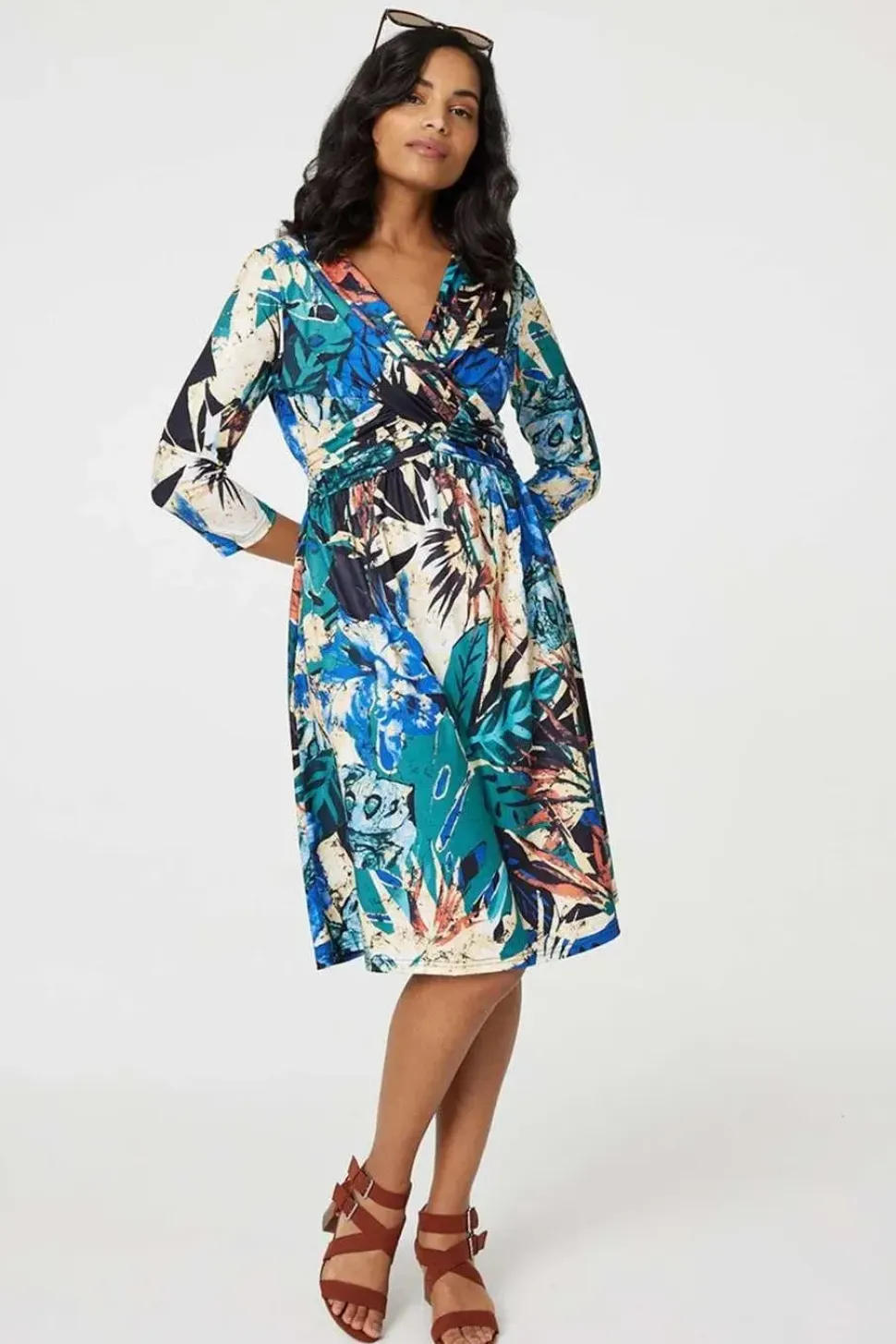 Leaf Print Knee Length Wrap Dress
