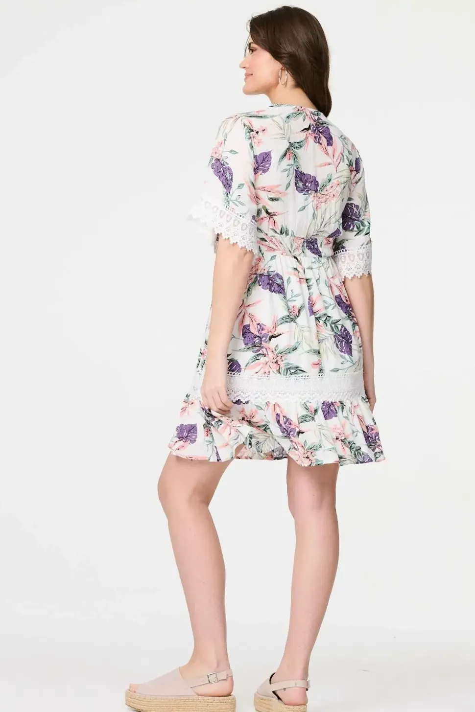 Leaf Print Lace Trim Short Dress