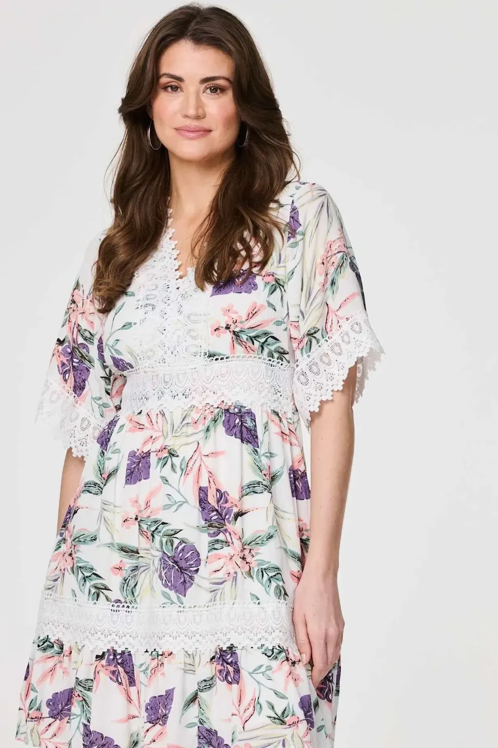 Leaf Print Lace Trim Short Dress