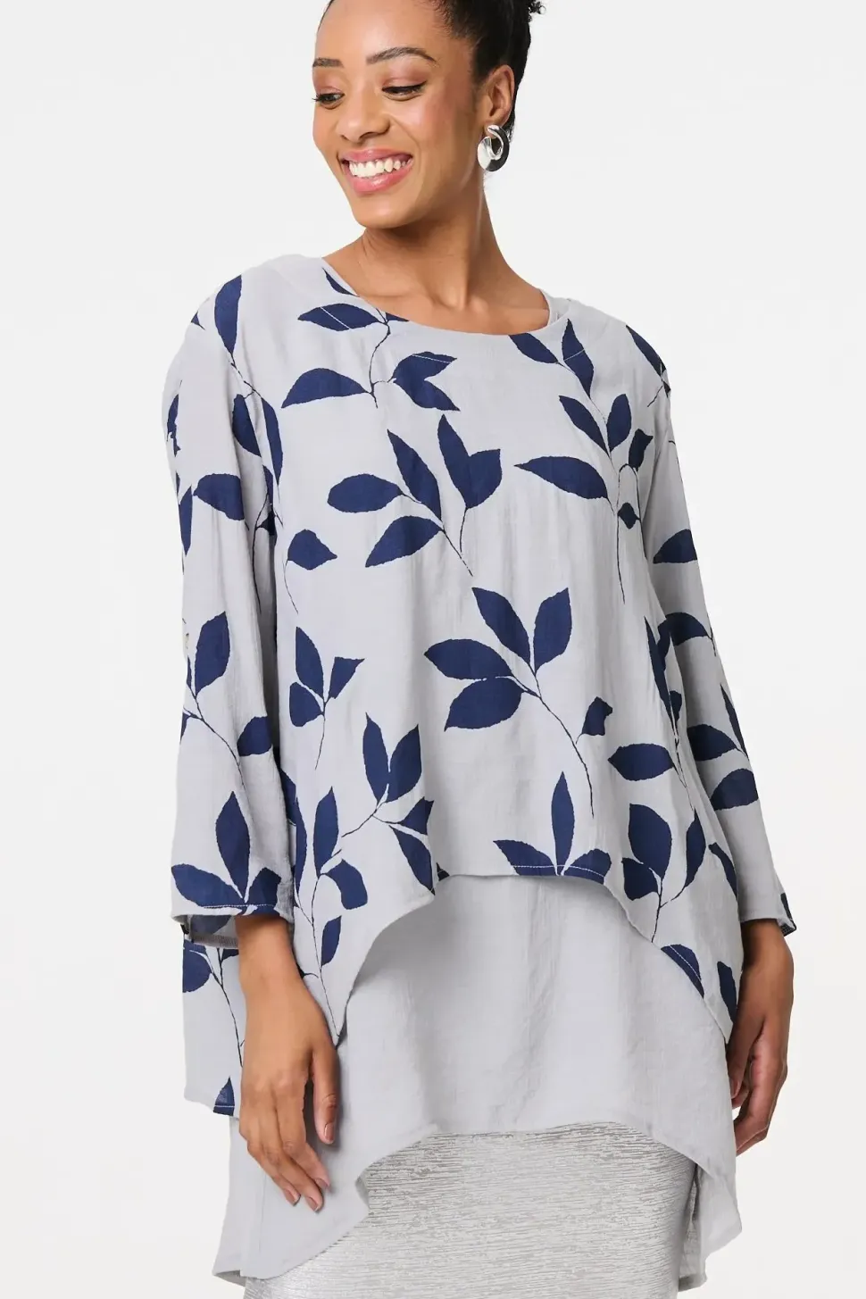 Leaf Print Longline Layered Tunic Blouse