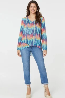 Leaf Print Long Sleeve Layered Hem Top