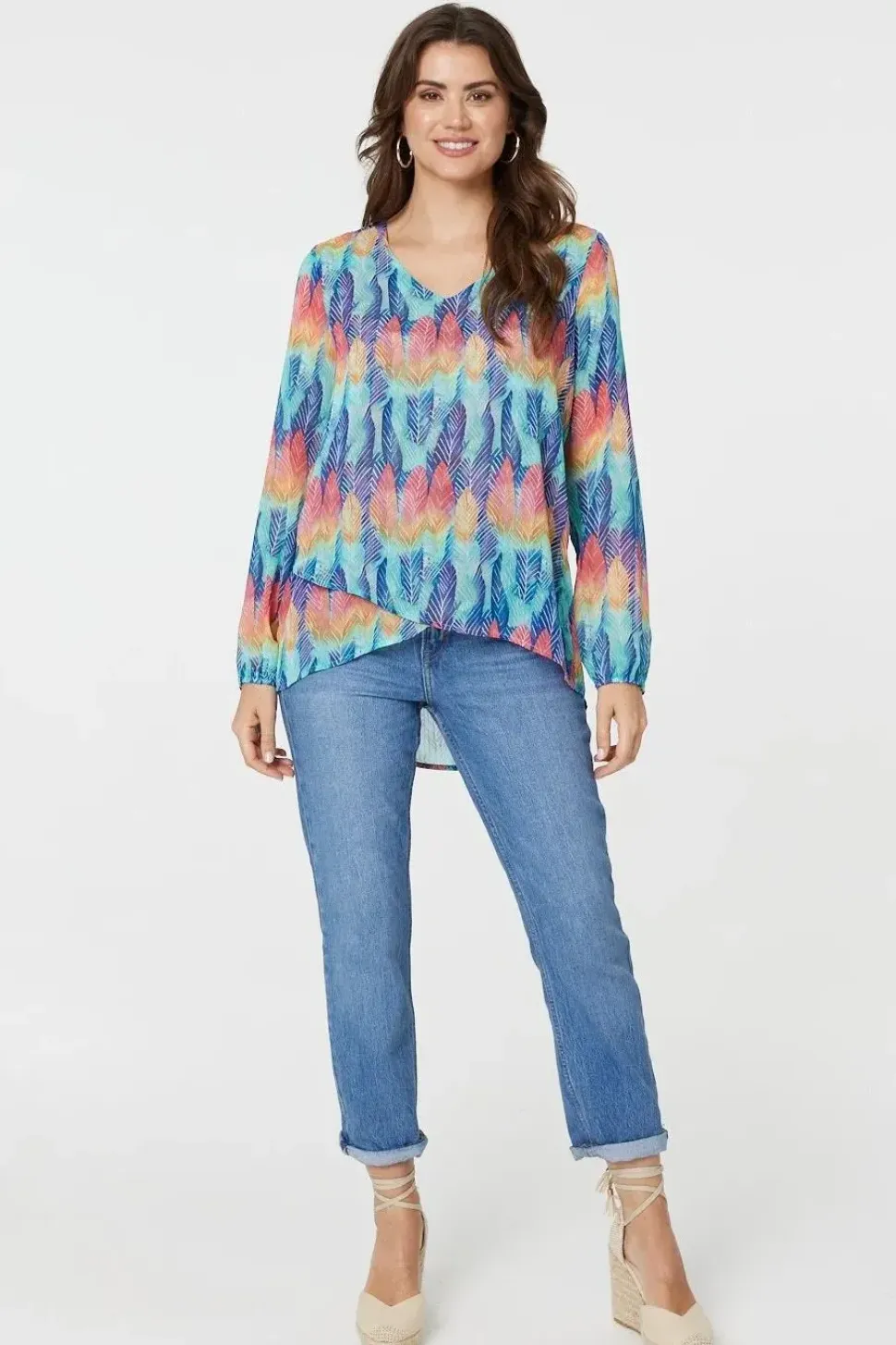 Leaf Print Long Sleeve Layered Hem Top