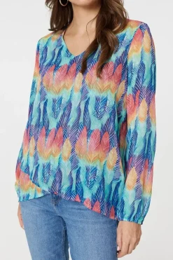 Leaf Print Long Sleeve Layered Hem Top
