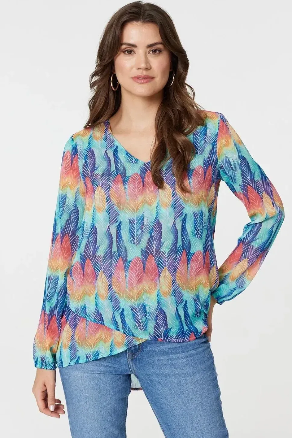 Leaf Print Long Sleeve Layered Hem Top