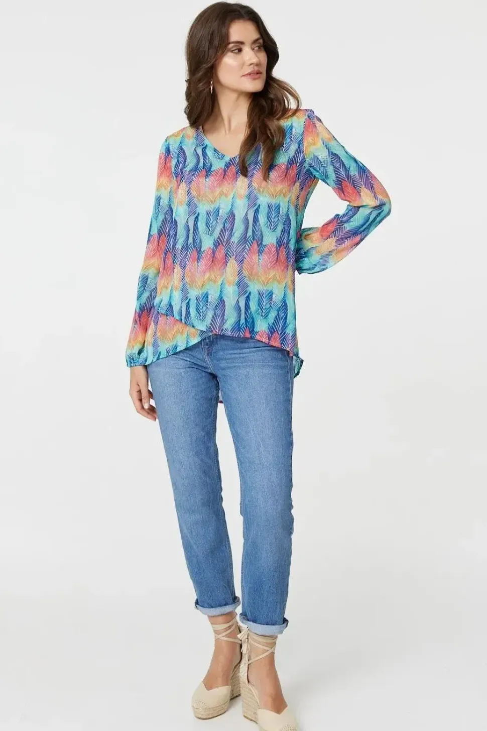 Leaf Print Long Sleeve Layered Hem Top