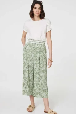 Leaf Print Pleat-Front Wide Leg Culottes